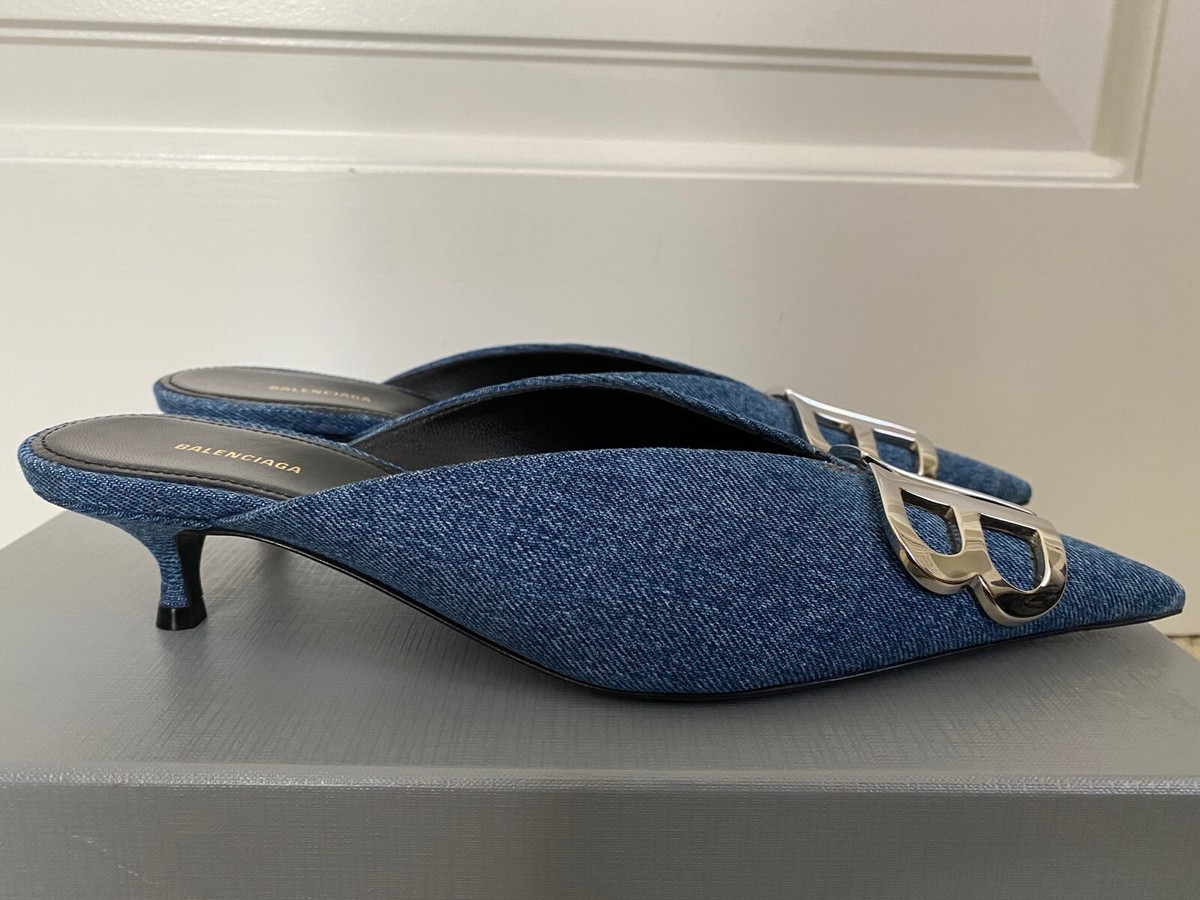 BALENCIAGA ナイフヒルミュル 785660WBDK0 8010 NIB Balenciaga BB Logo Knife Blue Denim Pointed Toe Mule