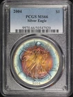 2004 American Silver Eagle PCGS MS-66 - Vibrant Blue & Sunset Bullseye Toning!