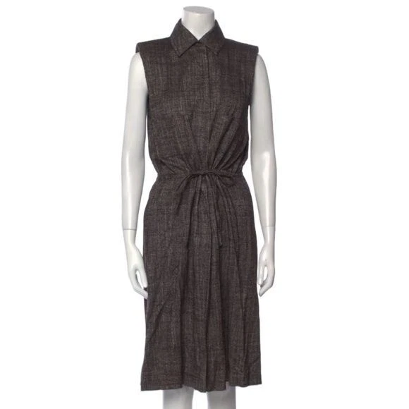 Abito camicia donna Fendi seta lana taglia 40 US 4 marrone senza maniche cravatta vita ufficio