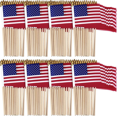 150 Pack Small American Flags on Stick 4 X 6 Inches Handheld Flags with Gold Spe