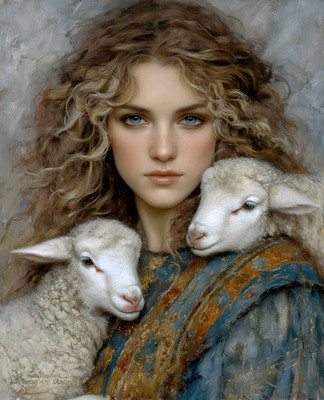 8x10 Woman Holding Two Sheep Art Print - 481261186