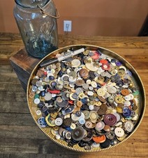 Antique BUTTONS LOT & Mason Jar • Vintage Metal Wood Bakelite BUTTONS ☆1900-1960