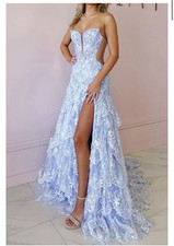 A-Line Strapless Lavender Sequin Lace Tiered Long Prom Dress