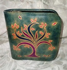 Vintage 2004 Green Genuine Leather 24 CD DVD Case Holder Tree Bird Floral India