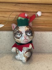 Large Cat Christmas Ornament with Santa Hat Glass with Hand Blown 