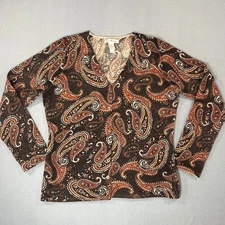 Susan Bristol Paisley Lambs wool Angora Cardigan Sweater Brown V Neck Women L