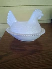 Vtg. Indiana White Milk Glass Chicken Hen on Nest Covered Bowl Candy Dish 7”