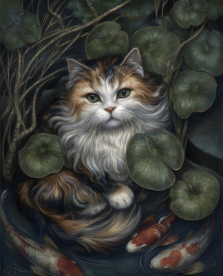 8x10 Cat Sitting In Pond With Koi Fish Art Print Wall Decor - 237301923