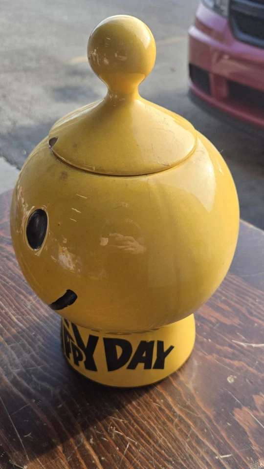 VTG McCoy Cookie Jar “Have A Happy Day” Smiley Face USA Pottery Yellow - Image 2 of 4
