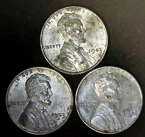 1943-P D S 1C Lincoln Wheat Cent AU Steel (3 Coins) 25lct0914-5