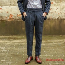 Men Wool Blend Herringbone Pants Retro Tweed Straight Leg Dress Casual Trousers