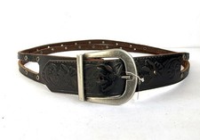 Nyovee Embossed Black Aged Leather Belt. Small Medium 32 -34 Silver Grommets