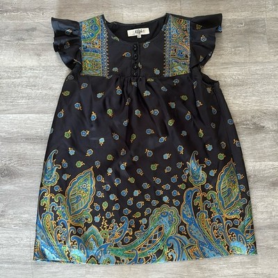Tibi Black Silk Top Paisley Floral with ruffles Sz 8