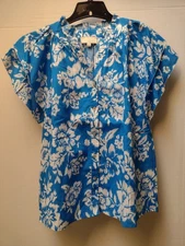PINCH Blue/White Floral Double Flutter Sleeve Cotton Blouse Sz Large