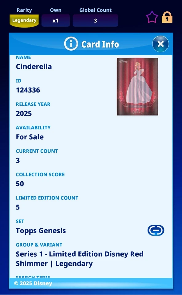 Topps Disney Collect Genesis Red Shimmer LE5 Cinderella - Image 3 of 3