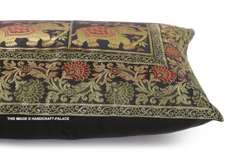 Ethnic Pillow Cover Elephant Brocade Silk Black Cushion Pillowcase Throw 12X20" - Image 3 of 4