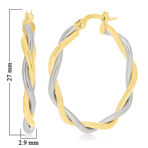 Italian 14k Yellow & White Gold Polished Twisted Medium Hollow Hoop Earrings - Picture 2 of 9