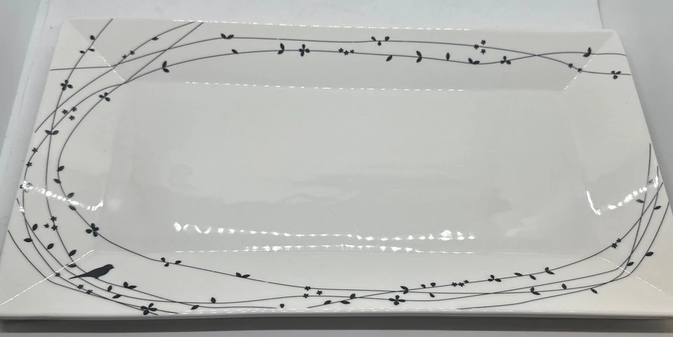 Plato rectangular Ciroa Oiseau pájaros en vid plato para servir porcelana blanco negro Foto 2 de 4