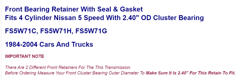 日产前轴承固定器带密封和垫片 84-04 4 Cyl 5 速变速器 — 第 4/4 张图片