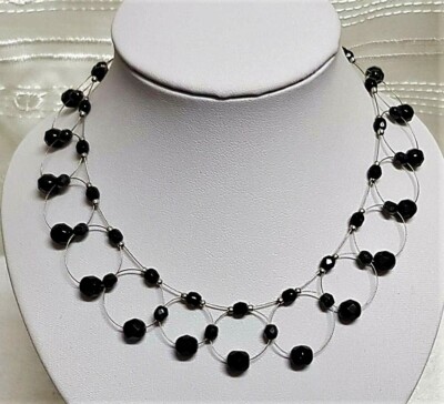 VINTAGE SCHMUCK HALSKETTE signiert ROBERT ROSE KRISTALL SCHWARZ SILBERFADEN # H8