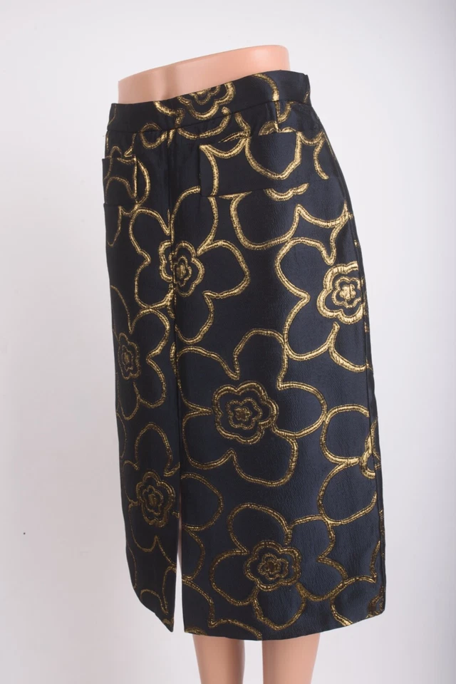 Falda Michael Kors Colección Mujer Línea A Azul Floral Azul Marino Dorado EE. UU. 6 NUEVA CON ETIQUETAS Foto 3 de 4