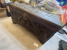 Vintage Asian hand carved wood Camphor Chest Trunk storage blanket box 76S1