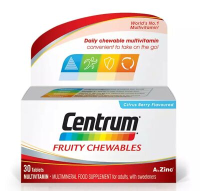 Centrum Fruity Kautabletten, Vitamine für Erwachsene, 30 Ablauf - 08/2027