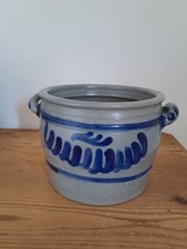 Großer Keramik Steingut Topf Blaumalerei grau blau lasiert