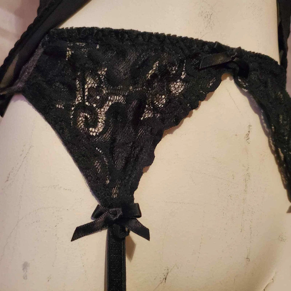 Antigo Victorias Secret Cami Conjunto Cinto de Liga Preto Transparente Chiffon Renda NOVAS Etiquetas Pequeno - Imagem 4 de 4