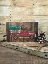 Christmas Decor / Red Pickup Truck / Christmas Tree / Rustic Wood Block Sign
