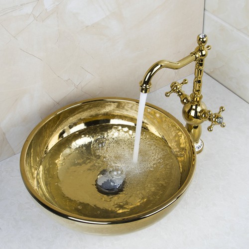 Bathroom Basin Vessel Sink Ceramic Washbasin Bowl Gold Mixer Faucet Drain Tap - Picture 3 of 10