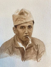 Very Beautiful Drawing Wash Ink Hyperrealism Portrait Young Man Military 1960