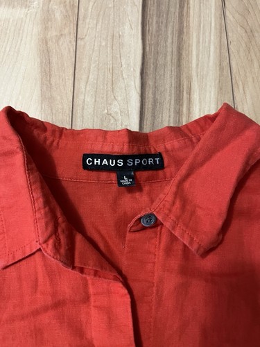 Women’s Linen Blend Button Up Blouse Pockets Red Large By Josephine Chaus Sport - Picture 2 of 7