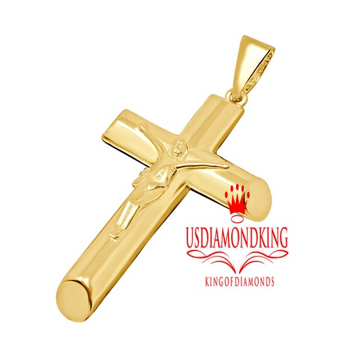Mens Ladies 14K Yellow Gold On Silver Jesus Cross Crucifix Charm Pendent + Chain - Picture 4 of 5