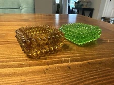 Vintage Fenton Art Glass Amber & Green Pointed Hobnail Square Open Salt Cellar