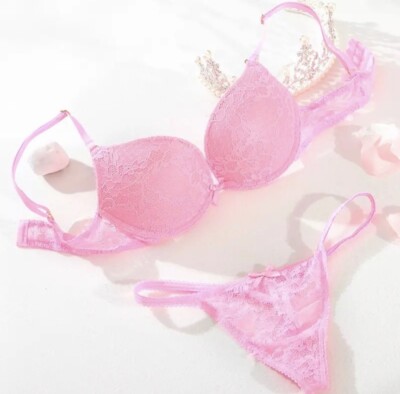 Bra And Panty Set Pink Size 36 Lingerie Lace Push Up G- String Underwear