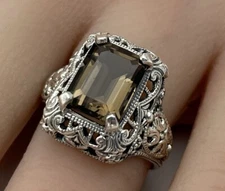 GENUINE SMOKY QUARTZ 925 STERLING SILVER DECO ANTIQUE STYLE FILIGREE RING   #111