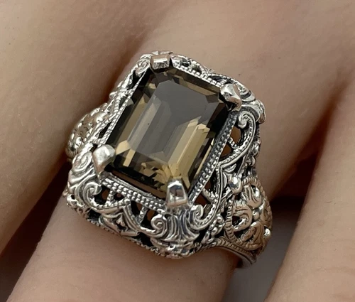 GENUINE SMOKY QUARTZ 925 STERLING SILVER DECO ANTIQUE STYLE FILIGREE RING   #111