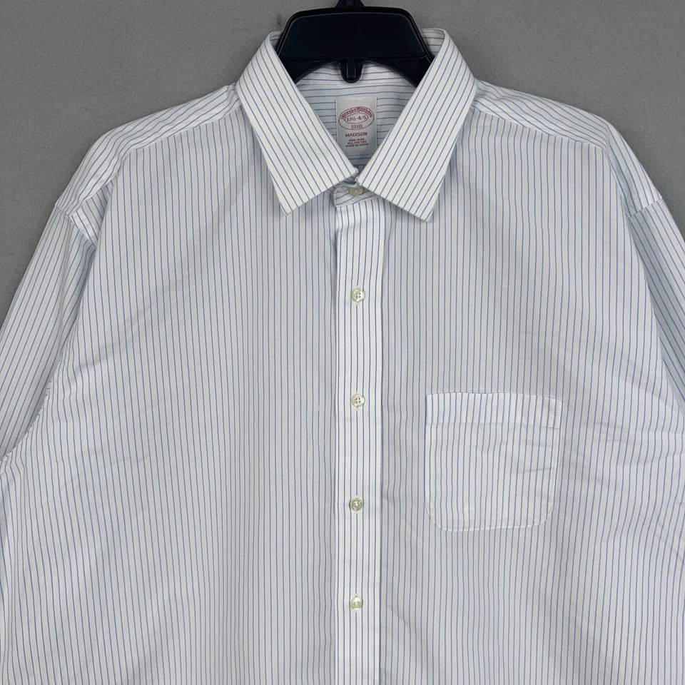 Camisa de vestir Brooks Brothers para hombre 17,5 34/35 azul a rayas Madison sin hierro 1818 Foto 2 de 4