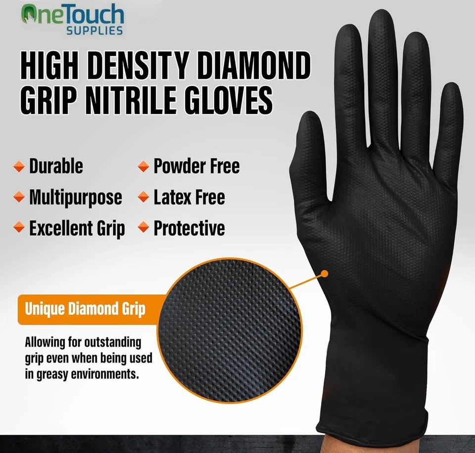 Disposable Black Extra Strong Thick Diamond Grip Nitrile Gloves Mechanic of 100 - Image 3 of 4