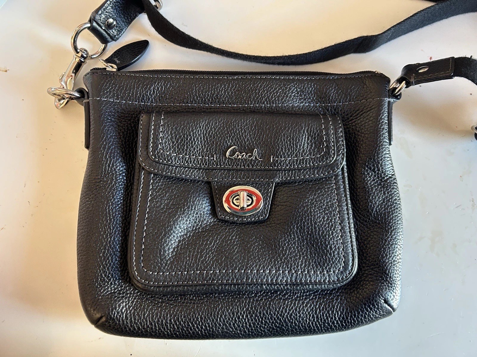 Coach Black Pebbled Leather Turn Lock Pocket Swingpack Crossbody Bag