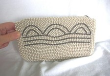 Vintage Zippered Clutch w/ Pearls  Silver Bugle Beads, MIJ, 1950s / 50s / MCM