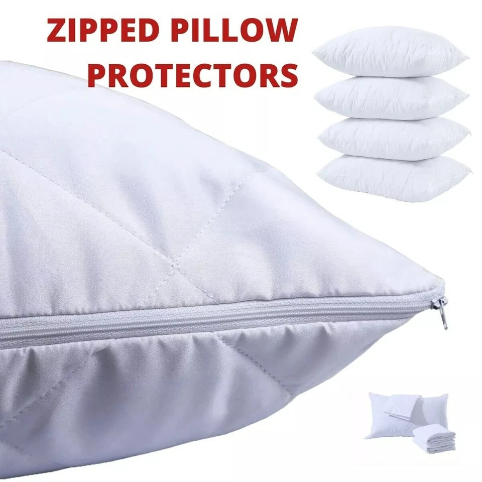Pack of 4 Luxury Quilted Zipped Pillow Protectors Soft Pillow Pairs White Cover - Image 4 of 4