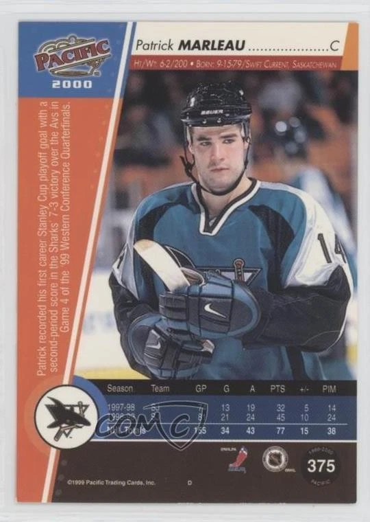 1999-00 Pacific Red Patrick Marleau #375 - Image 2 of 2