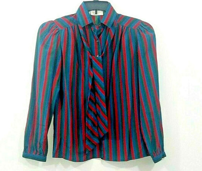 Vntg Striped Long Sleeve Button Front Scarf Blouse Size Small? See Measurements