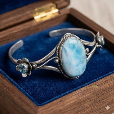 Natural Larimar & Swiss Blue Topaz 925 Sterling Silver Boho Handcrafted Jewelry
