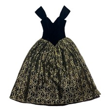 Vintage Jessica McClintock Gunne Sax Black Velvet Gold Lace Dress Size 3/4 Glam