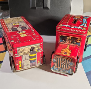 Tin Fire Truck Coin Piggy Bank FIRE DEPT. ENGINE 5 Vehicles Theme