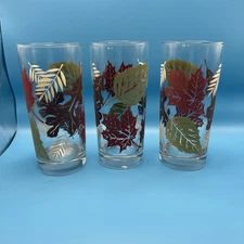 Vintage Libbey Tumbler Highball Iced Tea Glass 6" Autum Fall Leaves Leaf Set Of3