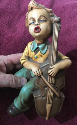 Vintage Plaster Poor Boy Child Musician Playing Cello or Jazz Bass - 9'' Cellist